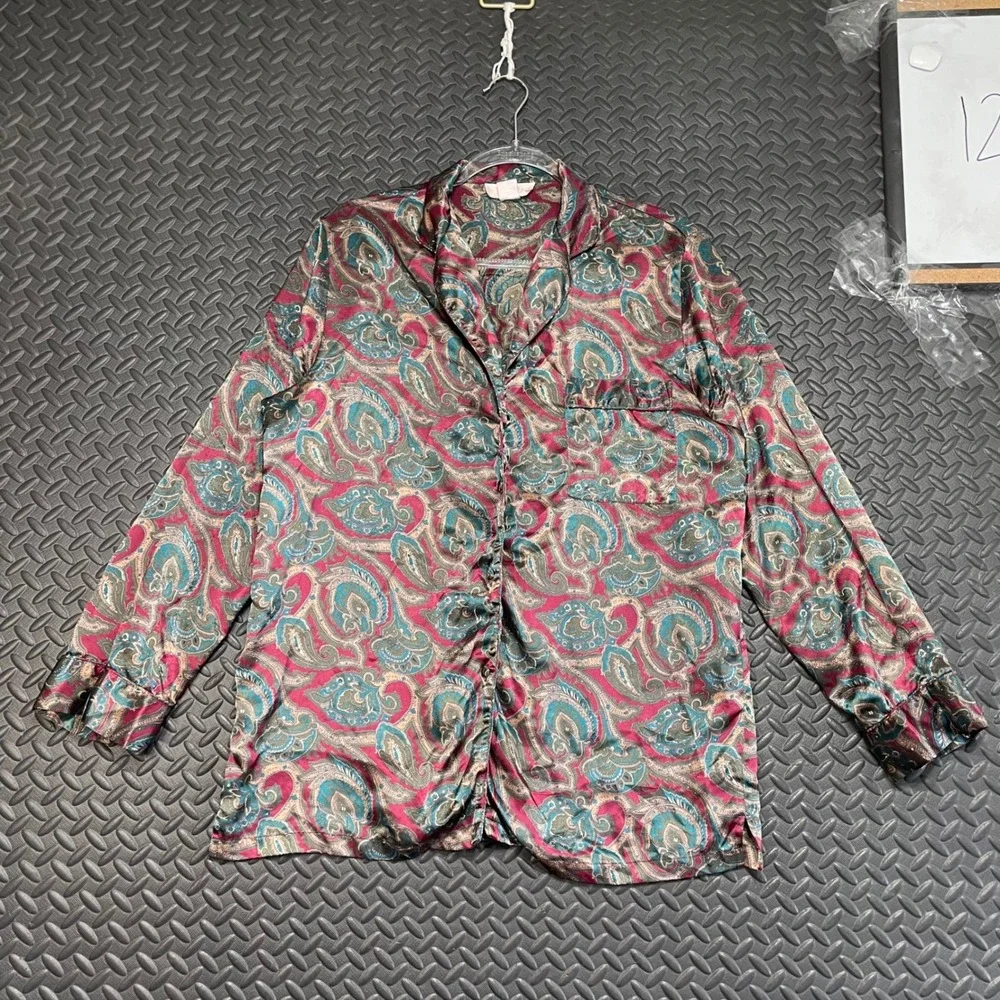 Vintage Amelia's Red Green Paisley Button Up Lounge Pajama Shirt Women's Size‎ M